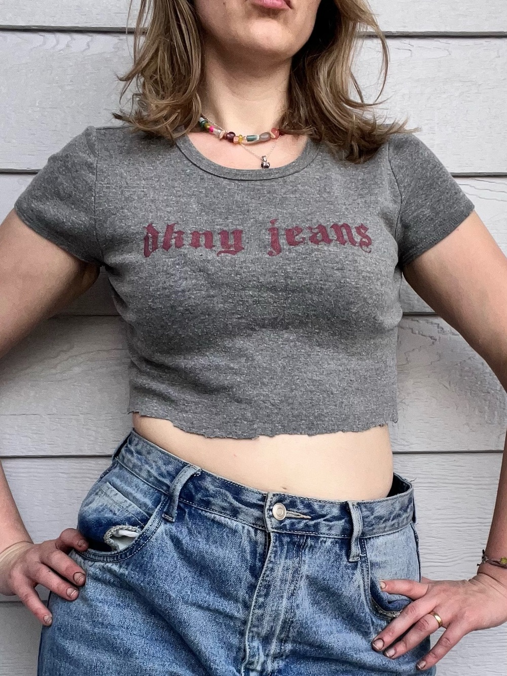 DKNY Jeans Gray Tee with Printed Accent Logo